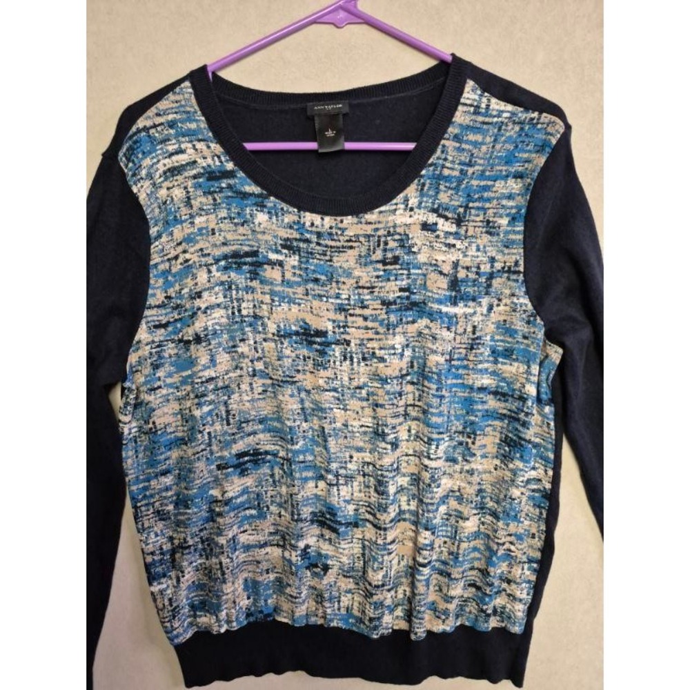 Ann Taylor Navy Blue Abstract Graphic Knit Crew Neck Sweater Large